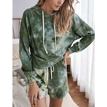 DOUBLJU Womens Long Sleeve Hoodie Tie Dye Nightwear, Pajamas Set, Sleep & Lounge Set Green Large