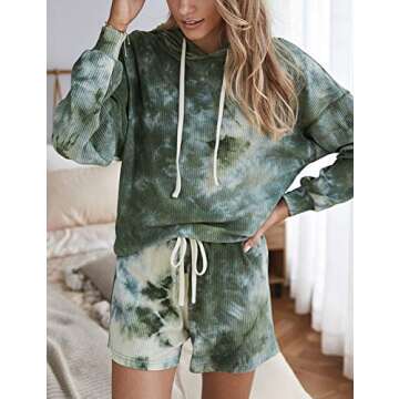 DOUBLJU Womens Long Sleeve Hoodie Tie Dye Nightwear, Pajamas Set, Sleep & Lounge Set Green Large