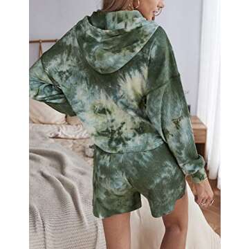 DOUBLJU Womens Long Sleeve Hoodie Tie Dye Nightwear, Pajamas Set, Sleep & Lounge Set Green Large