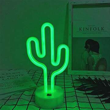 LED Cactus Shaped Neon Signs Light with Holder Base Table Decoration Night Lamp with Battery Powered...