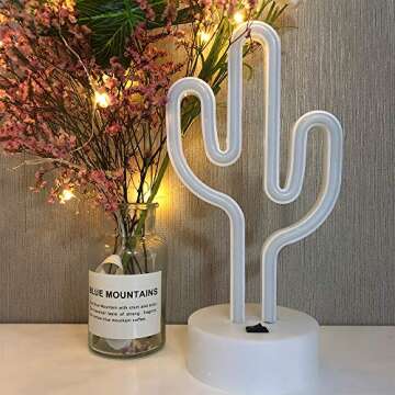 LED Cactus Shaped Neon Signs Light with Holder Base Table Decoration Night Lamp with Battery Powered/USB Neon Lights for Kids Room Party Supplies Table Decoration Children Gifts Art Dorm Decor Sign