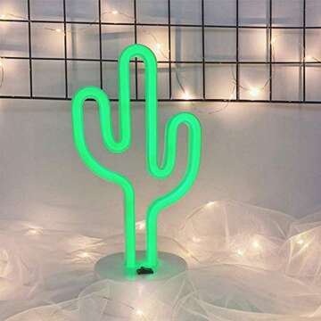LED Cactus Shaped Neon Signs Light with Holder Base Table Decoration Night Lamp with Battery Powered/USB Neon Lights for Kids Room Party Supplies Table Decoration Children Gifts Art Dorm Decor Sign