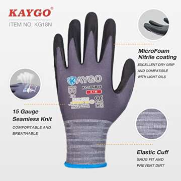 KAYGO Safety Work Gloves MicroFoam Nitrile Coated, 3 Pairs KG18NB,Seamless Knit Nylon Glove for Men ...