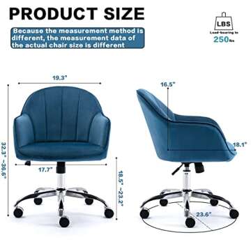 Creatuis Modern Design Velvet Desk Chair Mid-Back Home Office Chair Swivel Adjustable Task Chair Executive Accent Chair with Soft Seat J&L Furniture (Blue)