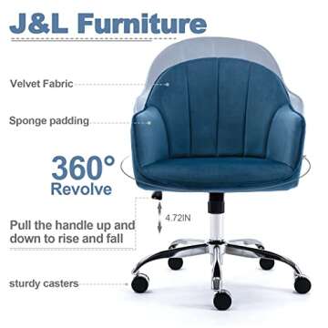 Creatuis Modern Design Velvet Desk Chair Mid-Back Home Office Chair Swivel Adjustable Task Chair Executive Accent Chair with Soft Seat J&L Furniture (Blue)