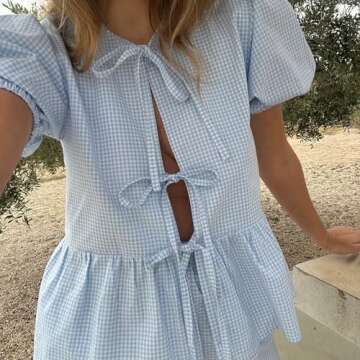 DSORVICD Women Y2k Plaid Pajama Sets Cute Tie Front Peplum Blouse + Wide Leg Gingham Shorts 2 Piece Lounge Outfits Sleepwear, Small