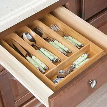 iDesign InterDesign Bamboo Cutlery Tray and Drawer Organizer with Divided Compartments for Kitchen, Dresser, Bathroom, Desk, Bedroom – Natural Formbu