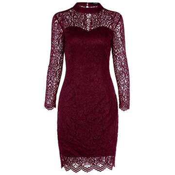 Noctflos Burgundy Spring Long Sleeve Bodycon Lace Cocktail Dress for Women Winter Party Wedding Guest Birthday (Large, Wine Red)