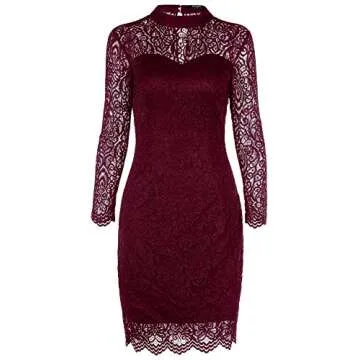 Noctflos Burgundy Spring Long Sleeve Bodycon Lace Cocktail Dress for Women Winter Party Wedding Guest Birthday (Large, Wine Red)
