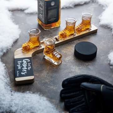Final Touch Skate Shot Glasses Set with Hockey Stick Serving Board for Celebrations