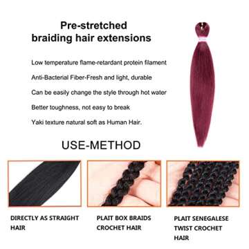 Burgundy Braiding Hair Pre Stretched 20 Inch 8 Packs Braiding Hair Extensions for Crochet Box Braids Twists Locs Hair Itch Free Soft Yaki Texture Hot Water Setting (20inch,#Burgundy)
