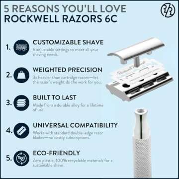 ROCKWELL RAZORS 6C White Chrome Safety Razor With 6 Adjustable Shave Settings and 5 Fully Recyclable Razor Blades Reusable Safety Razors for Men and Women