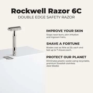 ROCKWELL RAZORS 6C White Chrome Safety Razor With 6 Adjustable Shave Settings and 5 Fully Recyclable Razor Blades Reusable Safety Razors for Men and Women
