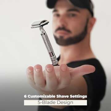 ROCKWELL RAZORS 6C White Chrome Safety Razor With 6 Adjustable Shave Settings and 5 Fully Recyclable Razor Blades Reusable Safety Razors for Men and Women