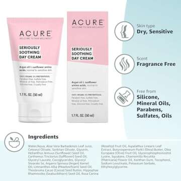 Acure Seriously Soothing Day Cream - Daily Hydrating Facial Cream - Moisturizer for Dry to Sensitive Skin from Argan Oil & Sunflower Amino Acids with Organic Chamomile - Vegan, Unscented - 1.7 Fl Oz
