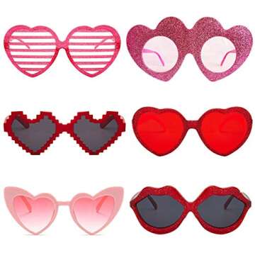 JAKADYUKS Valentines Day Glasses Party Favors, 6pcs Heart Shaped Glasses Photo Booth Props Bridesmai...