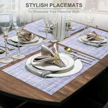 BETEAM Placemats Set of 8 Woven Vinyl Placemat for Dining Table Washable Wipeable Kitchen Place Mats Durable Indoor Outdoor Table Mats -01 Blue White, 8 Pcs