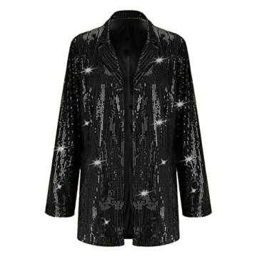 NSHYPOI Women's Shiny Sequin Open Front Blazer Coat Lapel Long Sleeve Cardigan Jacket