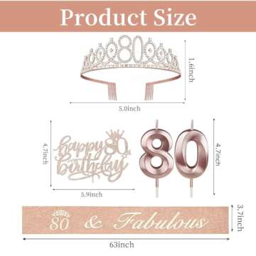 Womens 80th Birthday Decorations with Sash and Crown, Candles and Cake Topper, 80th Birthday Gifts for Women