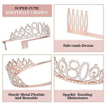 Womens 80th Birthday Decorations with Sash and Crown, Candles and Cake Topper, 80th Birthday Gifts for Women