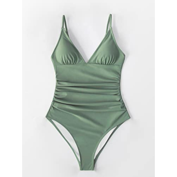 CUPSHE Women's One Piece Swimsuit Shirring Design V Neck Low Back Bathing Suit, Army Green, XL