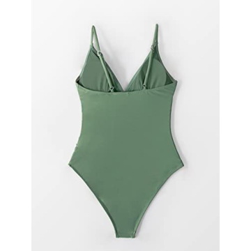 CUPSHE Women's One Piece Swimsuit Shirring Design V Neck Low Back Bathing Suit, Army Green, XL