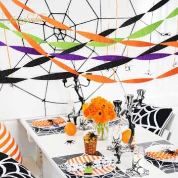 NICROLANDEE Halloween Party Supplies - 8 Rolls Black Orange Crepe Paper Streamers Tassels Streamer Paper for Halloween Theme Party, Horror Party, Birthday, Home Party Backdrop Decorations, 82ft Long