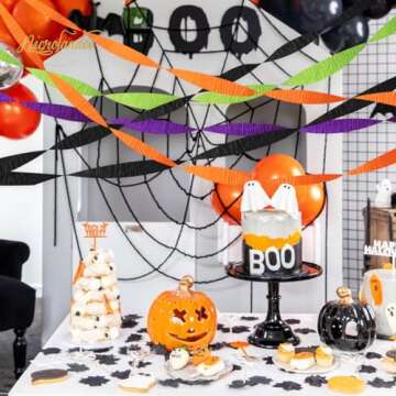 NICROLANDEE Halloween Party Supplies - 8 Rolls Black Orange Crepe Paper Streamers Tassels Streamer Paper for Halloween Theme Party, Horror Party, Birthday, Home Party Backdrop Decorations, 82ft Long