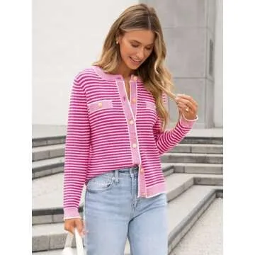 ANRABESS Women's Striped Cardigan Sweaters Casual Long Sleeve Open Front Button Down Knit Cropped Jackets Fall Coat Outerwear Medium