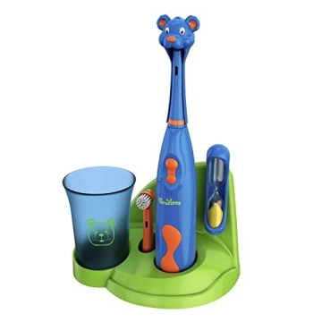 Brusheez Kids’ Electric Toothbrush Set - Safe & Effective for Ages 3+ - Parent Tested & Approved with Gentle Bristles, 2 Brush Heads, Rinse Cup, 2-Minute Timer, & Storage Base (Buddy The Bear)