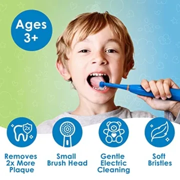 Brusheez Kids’ Electric Toothbrush Set - Safe & Effective for Ages 3+ - Parent Tested & Approved with Gentle Bristles, 2 Brush Heads, Rinse Cup, 2-Minute Timer, & Storage Base (Buddy The Bear)