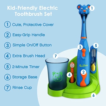 Brusheez Kids’ Electric Toothbrush Set - Safe & Effective for Ages 3+ - Parent Tested & Approved with Gentle Bristles, 2 Brush Heads, Rinse Cup, 2-Minute Timer, & Storage Base (Buddy The Bear)