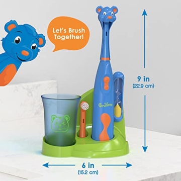 Brusheez Kids’ Electric Toothbrush Set - Safe & Effective for Ages 3+ - Parent Tested & Approved with Gentle Bristles, 2 Brush Heads, Rinse Cup, 2-Minute Timer, & Storage Base (Buddy The Bear)