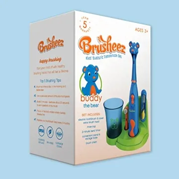 Brusheez Kids’ Electric Toothbrush Set - Safe & Effective for Ages 3+ - Parent Tested & Approved with Gentle Bristles, 2 Brush Heads, Rinse Cup, 2-Minute Timer, & Storage Base (Buddy The Bear)