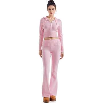 SUUKSESS Women 2 Piece Knit Sets Cropped Zip Up Hoodie Foldover Flare Leg Pants(Pink, S)
