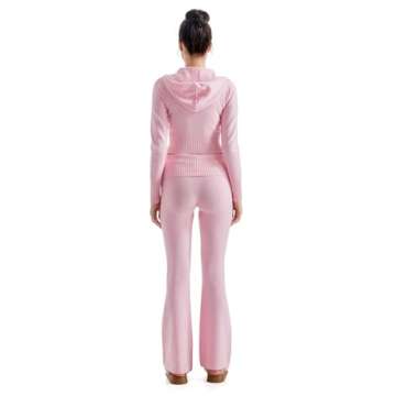 SUUKSESS Women 2 Piece Knit Sets Cropped Zip Up Hoodie Foldover Flare Leg Pants(Pink, S)
