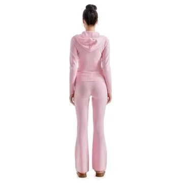 SUUKSESS Women 2 Piece Knit Sets Cropped Zip Up Hoodie Foldover Flare Leg Pants(Pink, S)