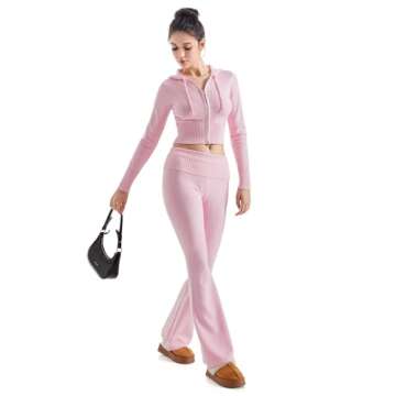 SUUKSESS Women 2 Piece Knit Sets Cropped Zip Up Hoodie Foldover Flare Leg Pants(Pink, S)