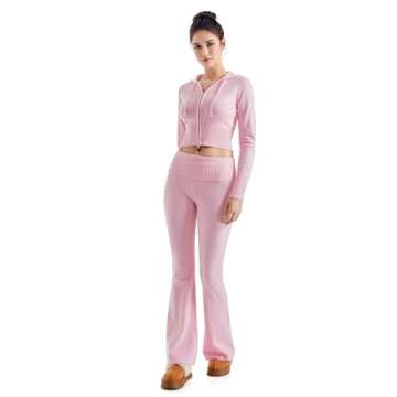 SUUKSESS Women 2 Piece Knit Sets Cropped Zip Up Hoodie Foldover Flare Leg Pants(Pink, S)