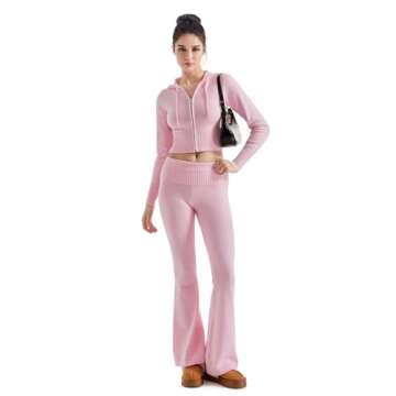 SUUKSESS Women 2 Piece Knit Sets Cropped Zip Up Hoodie Foldover Flare Leg Pants(Pink, S)