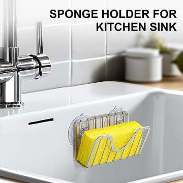 Sponge Holder for Kitchen Sink with Suction Cups - Sink Caddy Organizer for Sponges, Scrubbers, Dish Brush, Soap - Bathroom, Kitchen Sink Accessories & Essentials - 304 Stainless Steel, NeverRust