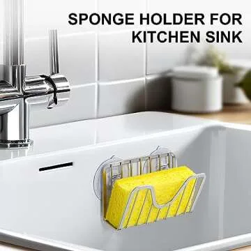 Sponge Holder for Kitchen Sink with Suction Cups - Sink Caddy Organizer for Sponges, Scrubbers, Dish Brush, Soap - Bathroom, Kitchen Sink Accessories & Essentials - 304 Stainless Steel, NeverRust