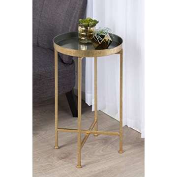 Kate and Laurel Celia Round Metal Foldable Tray Accent Table, Gray with Gold Base