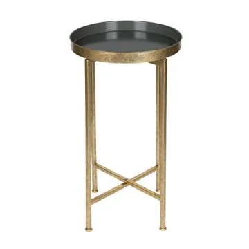 Kate and Laurel Celia Round Metal Foldable Tray Accent Table, Gray with Gold Base