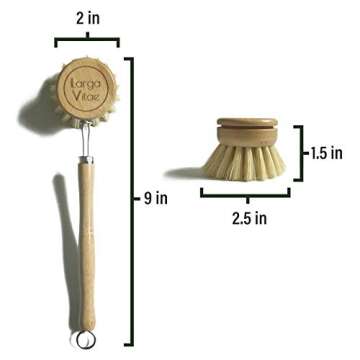 Larga Vitae Wooden Dish Brush Made of Renewable Bamboo Wood and Natural Bristle Tampico Fiber, includes 5 Replacement Brush Heads, Durable, Long Lasting, All Purpose Kitchen Scrubber