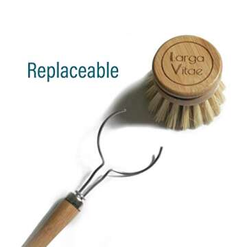 Larga Vitae Wooden Dish Brush Made of Renewable Bamboo Wood and Natural Bristle Tampico Fiber, includes 5 Replacement Brush Heads, Durable, Long Lasting, All Purpose Kitchen Scrubber