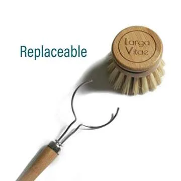 Larga Vitae Wooden Dish Brush Made of Renewable Bamboo Wood and Natural Bristle Tampico Fiber, includes 5 Replacement Brush Heads, Durable, Long Lasting, All Purpose Kitchen Scrubber