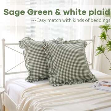 K MASANIJI 2 Pack Sage Green White Plaid Ruffle Euro Shams Pillow Covers 26x26 inches, 100% Cotton G...