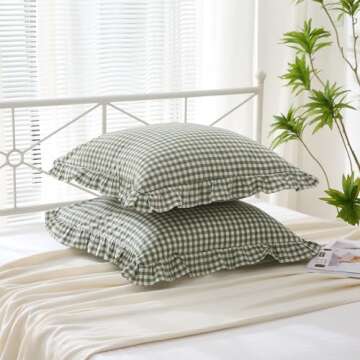 K MASANIJI 2 Pack Sage Green White Plaid Ruffle Euro Shams Pillow Covers 26x26 inches, 100% Cotton Gingham Checkered Farmhouse Pillowcases for Bed/Sofa (26x26 inches, Sage Green/White Plaid)