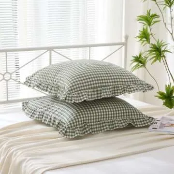 K MASANIJI 2 Pack Sage Green White Plaid Ruffle Euro Shams Pillow Covers 26x26 inches, 100% Cotton Gingham Checkered Farmhouse Pillowcases for Bed/Sofa (26x26 inches, Sage Green/White Plaid)